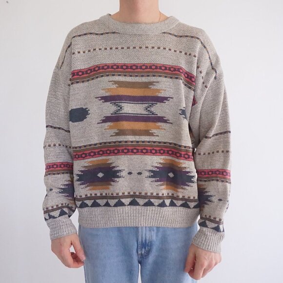 Vintage '90s London Fog Taupe Purple Aztec Cotton Crewneck Knit Sweater Large - Picture 1 of 10